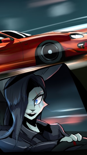 Anime girl driving a red sports car