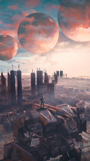 Man standing on a mech overlooking a ruined city with planets in the sky