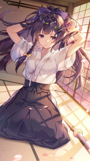 Anime girl with purple hair in traditional Japanese attire