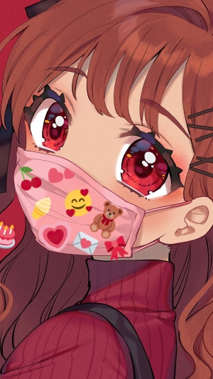 Anime girl wearing a mask with emojis