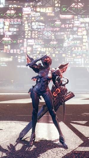 Cyberpunk character with wings and weapon