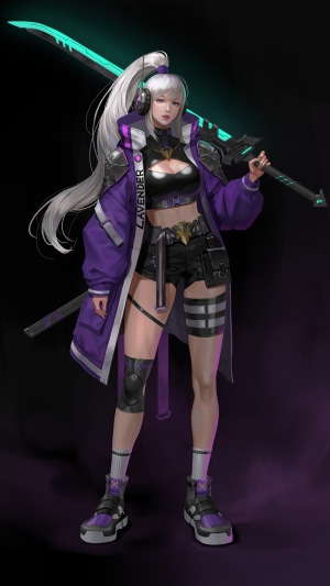 Artwork of a female warrior with a sword