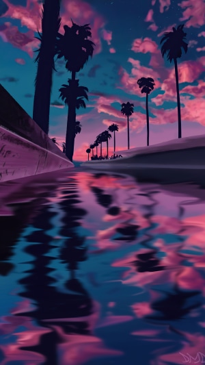 Palm trees reflected in water at sunset