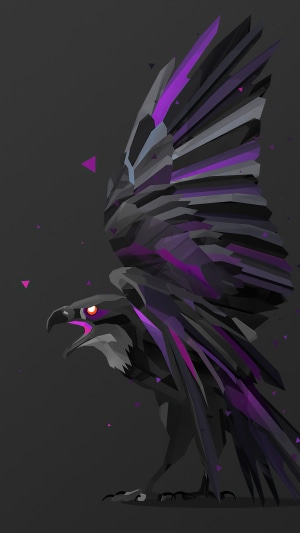 Geometric raven with purple accents on dark background