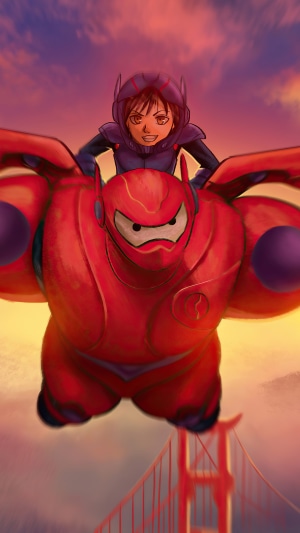 Hiro Hamada and Baymax flying over the Golden Gate Bridge