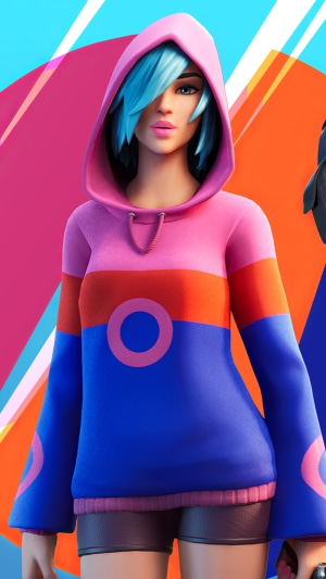 Fortnite character with blue hair wearing a hoodie