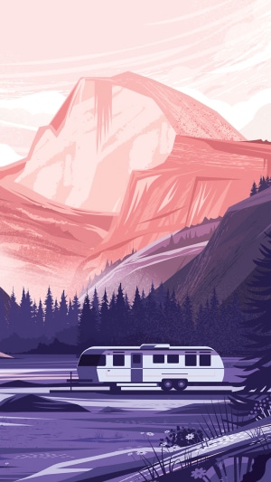 Digital Art Landscape with Mountains and Trailer