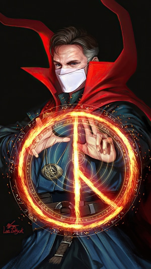 Doctor Strange casting a spell with a peace sign