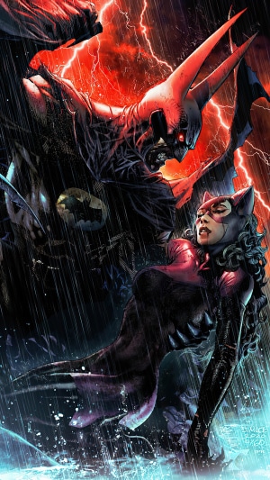 Batman and Catwoman in a stormy night