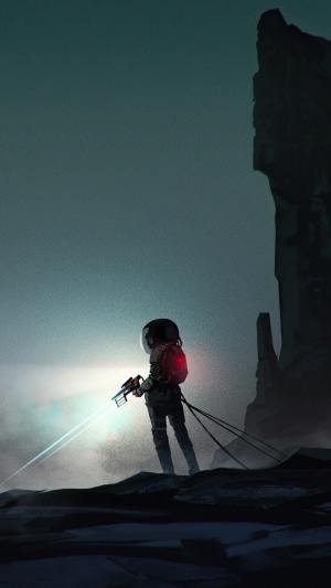 Astronaut with a laser gun on an alien planet