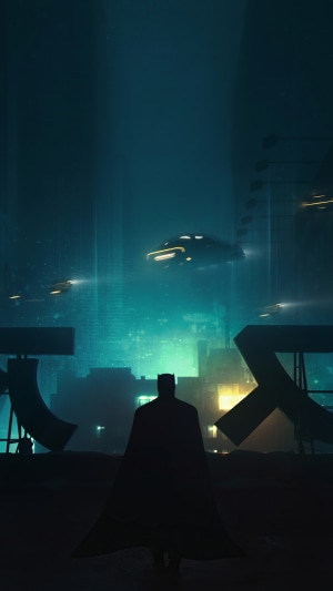 Batman in a futuristic city with flying vehicles
