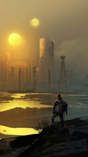Man with backpack overlooking post-apocalyptic city at sunset