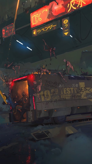 Cyberpunk scene with robots attacking a vehicle
