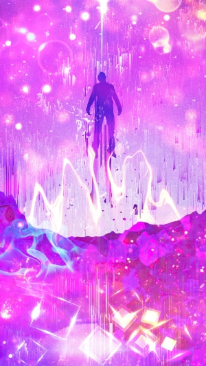 Silhouette of a person ascending in a vibrant, abstract landscape