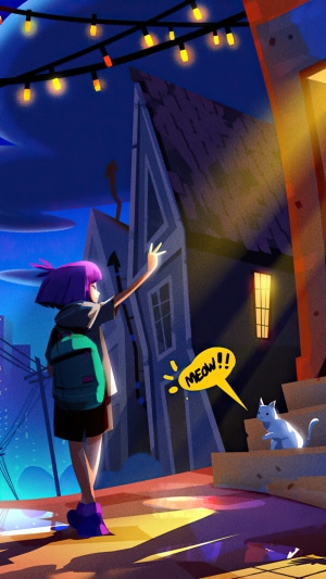 Girl and cat on a street at night