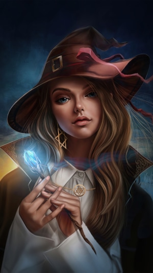 Fantasy witch with magic staff and amulet