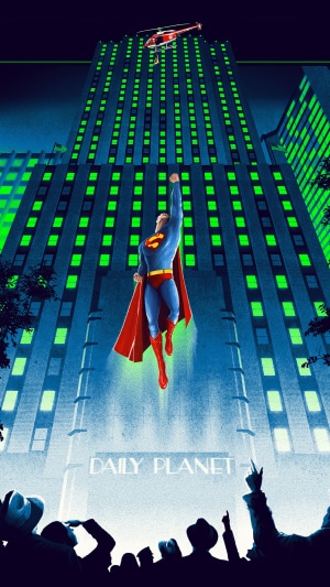 Superman flying in front of the Daily Planet building