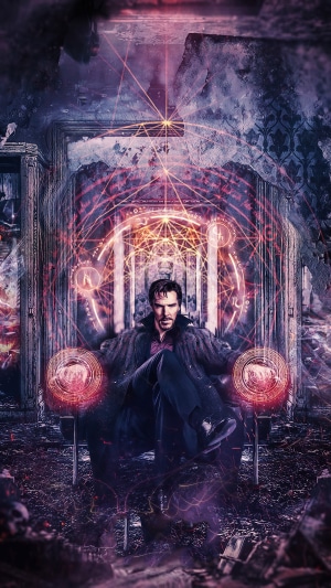 Doctor Strange from Marvel sitting on a throne with magic circles
