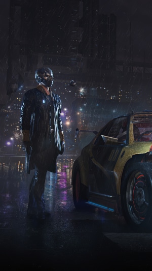 Man in trench coat with mask and gun next to car in rain