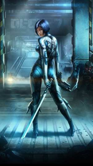 Cyberpunk woman with sword and gun