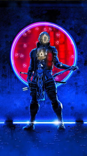 Cyberpunk warrior with swords in front of red circle