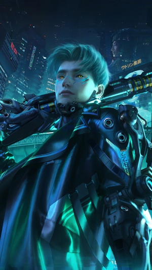 Cyberpunk artwork of a man with blue hair