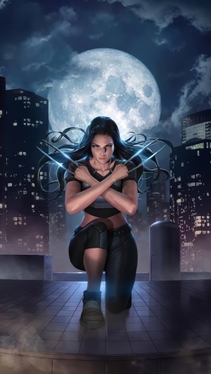 Artwork of a woman with claws in a city at night