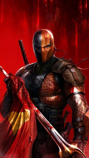 Deathstroke holding a tattered red cape and sword