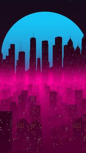 Retrowave cityscape with a large blue sun