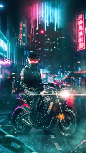 Biker with ERROR helmet on a Yamaha motorcycle in neon city