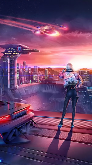 Cyberpunk city with flying vehicles and a woman