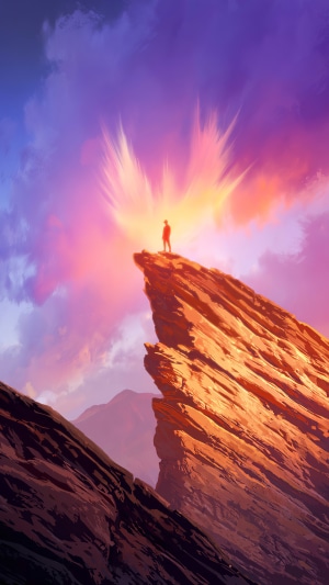 Man standing on cliff with angelic light