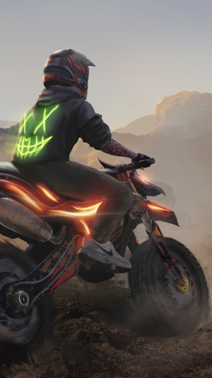 Digital art of a biker with a glowing mask on a dirt bike