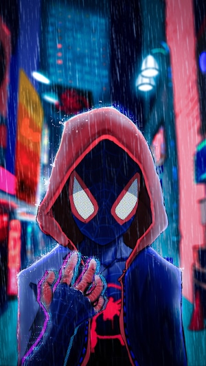 Spider-Man from Spider-Verse in the rain