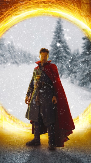 Doctor Strange in a snowy landscape with a portal