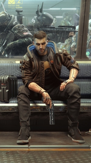 V from Cyberpunk 2077 on a metro
