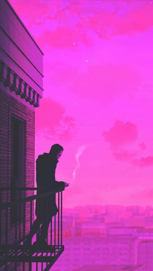 Man smoking on a balcony with pink sky