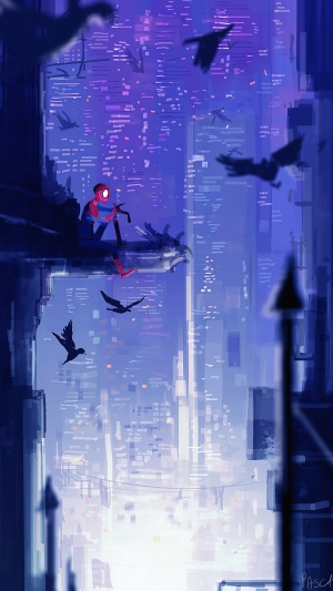 Spider-Man sitting on a building overlooking a city at night