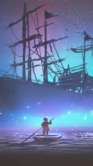 Digital artwork of a person in a boat under a starry sky