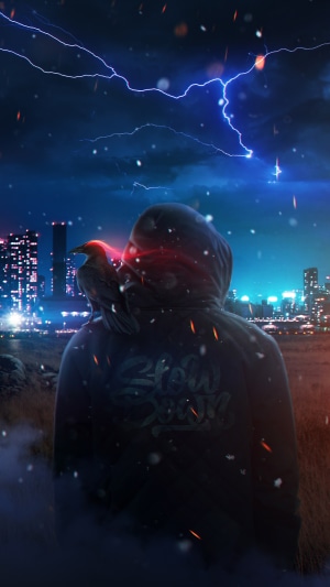 Raven on shoulder of hooded figure with city and lightning