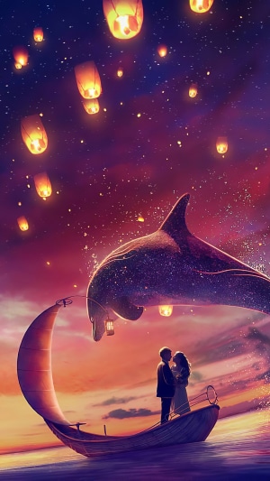 Couple in boat with dolphin and lanterns