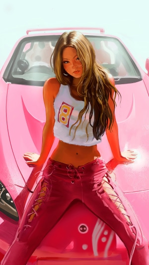 Girl in crop top and lace-up pants leaning on pink car