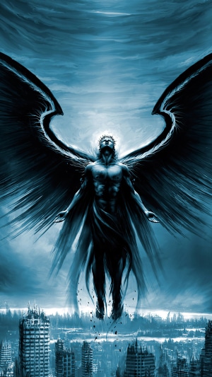 Angel with wings over ruined city