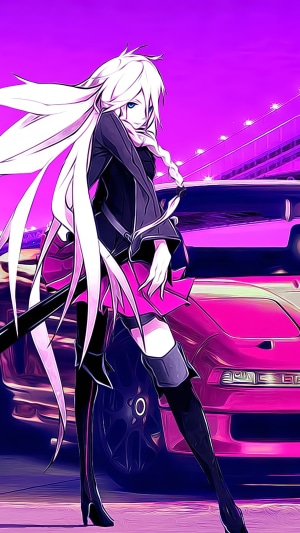 Anime girl with white hair and pink skirt by a car