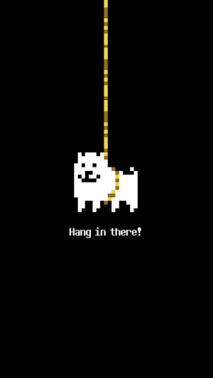 Annoying Dog hanging from a rope with text