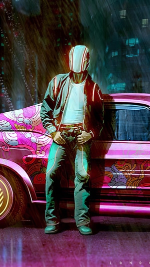 Artwork of a person in a helmet and jacket