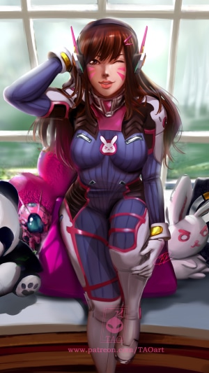 D.Va from Overwatch sitting with plush toys