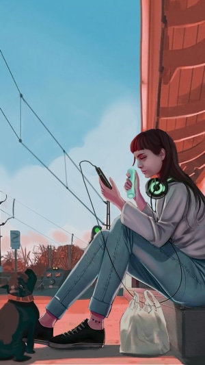 Girl with headphones and dog at a train station