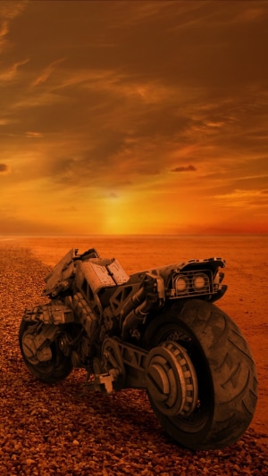 Post-apocalyptic motorcycle at sunset