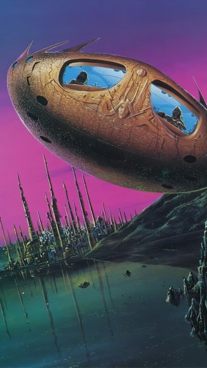 Alien UFO hovering over a futuristic city